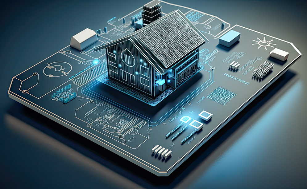 A motherboard with a smart home automation icon, smart home technology - Generative AI